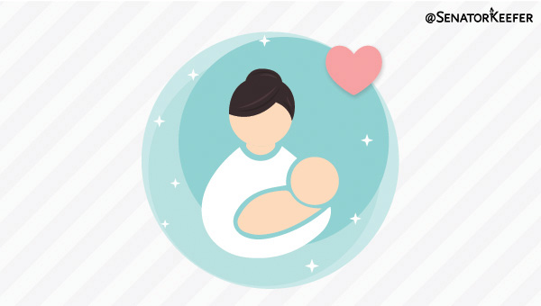 Clipart image showing a mom holding a baby with a teal circle and heart.