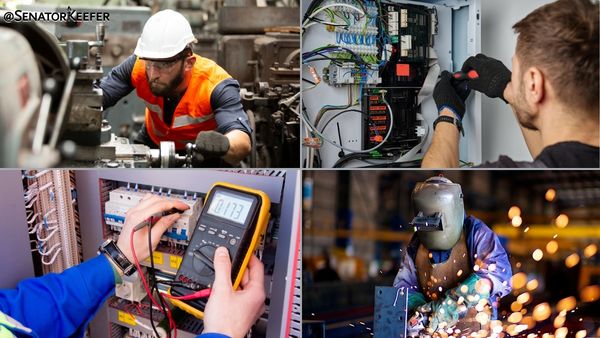 First picture is of a man in a manufacturing facility using a machine. Second picture is of an electrician working on a breaker box. Third picture is of an electrician holding a voltmeter. Fourth picture is of a person welding.