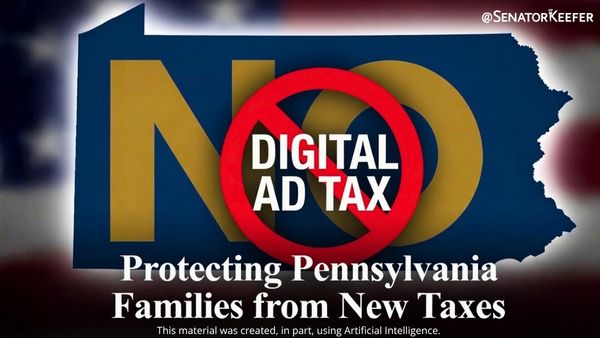 American flag with the outline of the state of Pennsylvania on top and the words No Digital Ad Tax Protecting Pennsylvania Families from New Taxes.