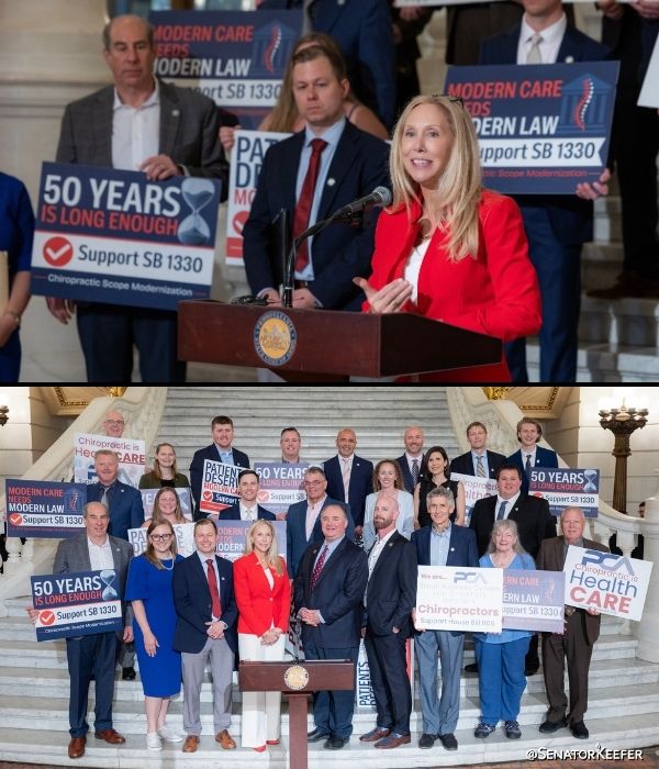 First picture of Senator Dawn Keefer speaking at the Pennsylvania Chiropractic Association press conference. Second picture of Senator Dawn Keefer standing on the steps at the PA Capitol building with members of the Pennsylvania Chiropractic Association.