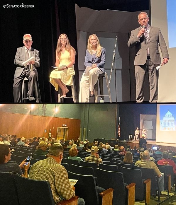 First photo is of Frank Ryan, Reps. Wendy Fink and Tom Jones, and Sen. Dawn Keefer on a stage. Second photo is of crowded school auditorium..