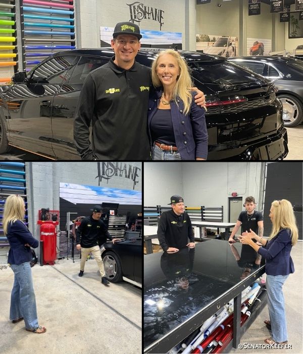 First picture is of Shane Weldon, owner of InShane Designs and Sen. Dawn Keefer standing together in front of a Lamborghini Urus SE. Second picture is of Sen. Keefer listening to Shane Weldon explain how they wrap a car. Third picture is of Sen. Keefer asking Shane Weldon a few questions standing in front of a worktable.