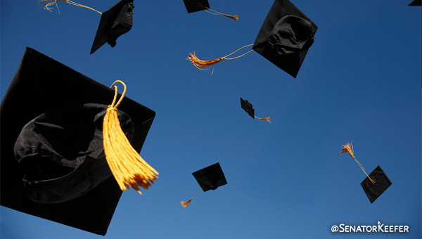 Graduation caps with tassels in the sky.