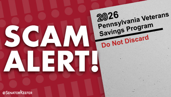 Pennsylvania Veterans Savings Program envelope and the words scam alert.