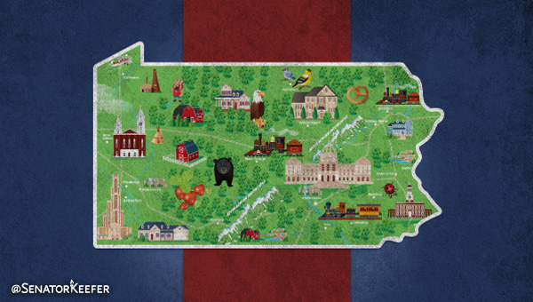 Shape of Pennsylvania with pictures from around the state.