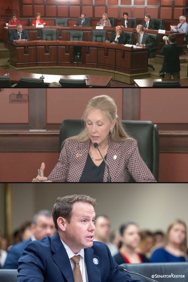 First picture is of PA Senate Local Government Committee members sitting at desks. Second picture of Senator Dawn Keefer speaking during the meeting. Third picture of Senator Jarrett Coleman speaking at the committee meeting.