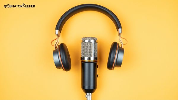 Yellow background with headset and microphone.