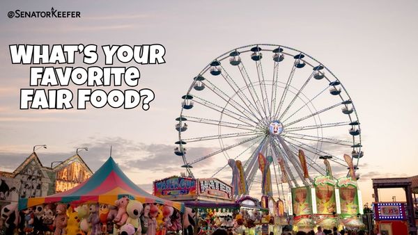 Picture of vendors and Ferris wheel at York State Fair with the words “What’s Your Favorite Fair Food.”
