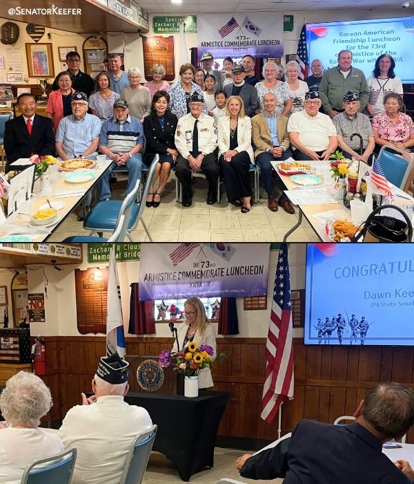 First picture is a group picture of Sen. Dawn Keefer with attendees of the 73rd Commemoration Anniversary of the Korean War Armistice at the Shiloh American Legion 791 in Dover, PA. Second picture is Sen. Keefer speaking at the event.
