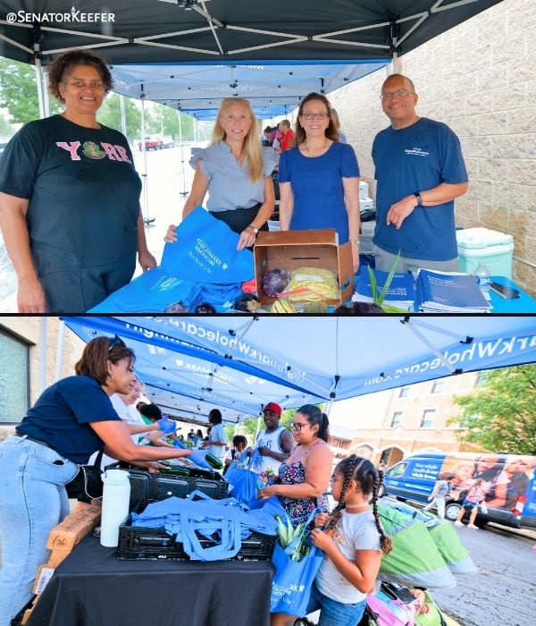 First photo shows Senator Dawn Keefer at the Highmark Wholecare Farm-to-Family Farmers Market at William Penn Senior High School in York City. The second photo, shows bags and food being given to attendees.