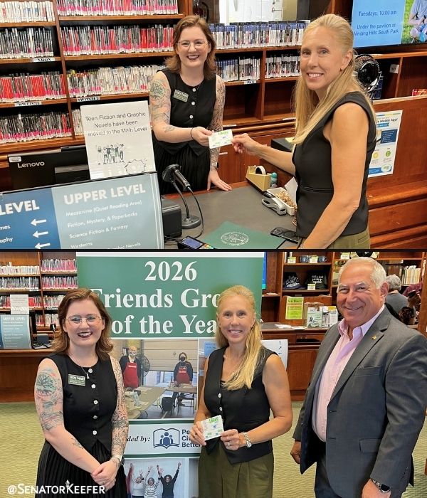 First picture is of Senator Dawn Keefer getting a library card from Joseph T. Simpson Public Library. Second picture is of Senator Dawn Keefer with library staff.