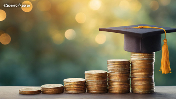 Coins stacked high with graduation cap on top.