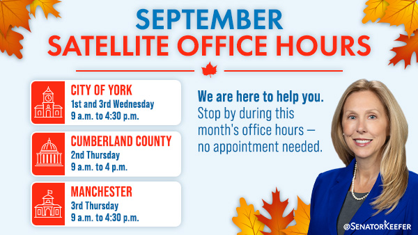 September Satellite Office Hours” with fall leaves. It lists office hours for City of York, Cumberland County, and Manchester. Text says help is available with no appointment needed.