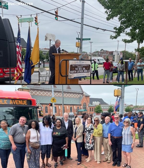 First picture is of the ceremony renaming a portion of College Avenue in York, Pennsylvania to Rev. Dr. Martin Luther King, Jr. Second picture is of Senator Dawn Keefer with a group who attended the dedication ceremony.