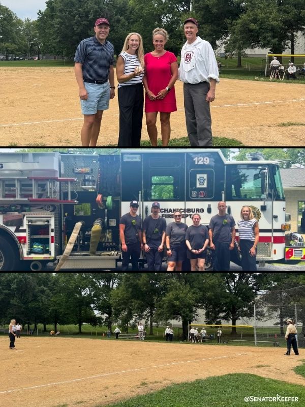 First picture of Senator Dawn Keefer with Rep. Sheryl Delozier and Kyle Miller of the Mechanicsburg Borough Council at the Keystone Base Ball Club of Harrisburg game for Mechanicsburg Community Day. Second picture of Senator Dawn Keefer with the Mechanicsburg Fire Department. Third picture of Senator Dawn Keefer throwing the ceremonial first ball at the Harrisburg Base Ball Club of Harrisburg.