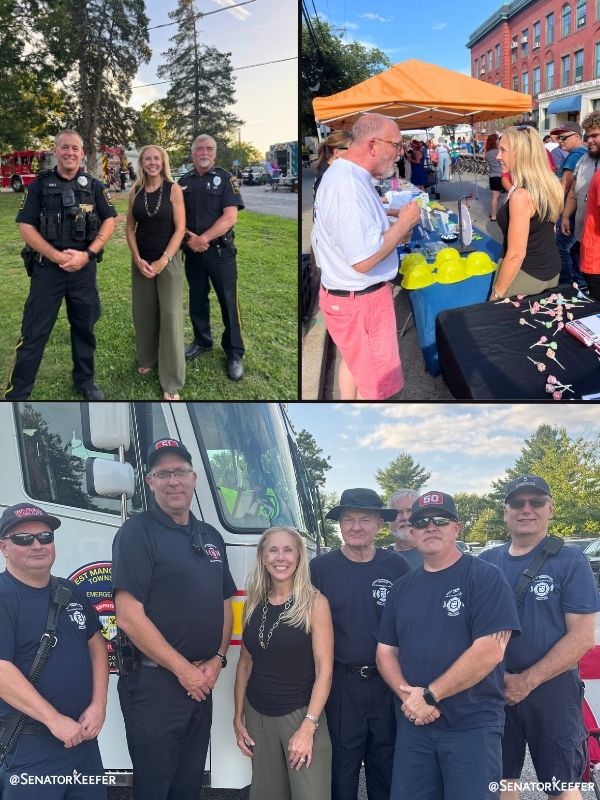 First picture of Senator Dawn Keefer at Shiremanstown National Night Out with the Police Department. Second picture of Senator Dawn Keefer at York City National Night Out speaking with a constituent. Third picture is at West Manchester National Night Out of Senator Keefer with the Fire Department.