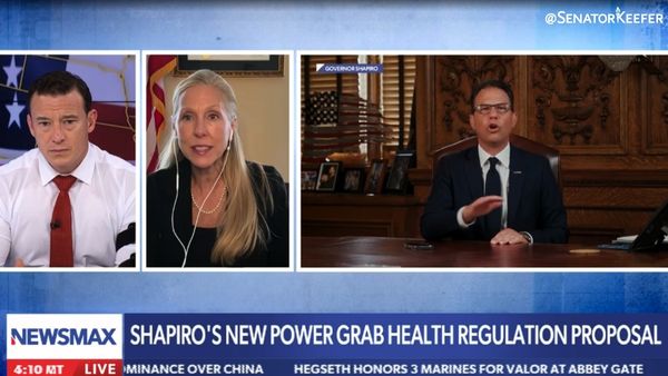 A three-panel news screenshot showing a studio anchor, a remote guest, and a person speaking from a formal office. A banner at the bottom reads “Shapiro's New Power Grab Health Regulation Proposal” with the Newsmax logo and a scrolling ticker.
