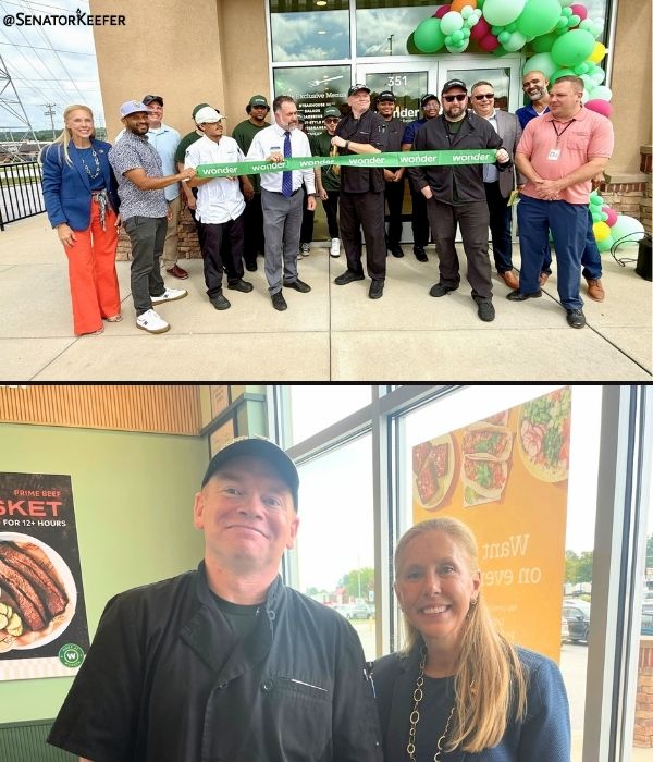 First picture is a group photo of everyone who attended Wonder grand opening. The Second picture is of the Senator Dawn Keefer and the head chef of Wonder.