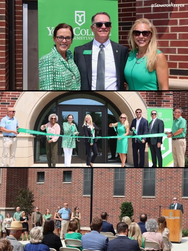 First picture of Senator Dawn Keefer with Commissoner Julie Wheeler and York College of Pennsylvania employee. Second picture is of York College of Pennsylvania ribbon cutting and Senator Dawn Keefer holding the scissors. Third picture shows York College of Pennsylvania press conference about expansion of Northside Commons area.