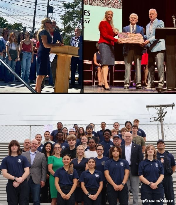 A collage of three photos. Top left: Senator Keefer standing at an outdoor podium speaking, with a group of people standing behind her. Top right: Senator Keefer standing on an indoor stage holding a flag. Bottom: A large group of people stand together on bleachers for a group photo, some wearing matching dark shirts with a circular emblem. Utility poles and a fence are visible in the background.