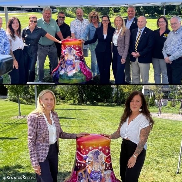 First picture is of Sen. Dawn Keefer and local officials posing for a picture with the “Dusk on the Farm” bell. Second picture is of Sen. Dawn Keefer with York County artist Annelise Vuono, who painted the bell design.