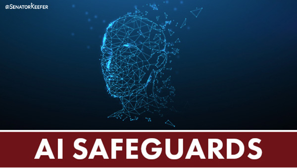 Digital illustration of a human head formed by glowing blue geometric lines and particles against a dark background, with the text “AI Safeguards”.