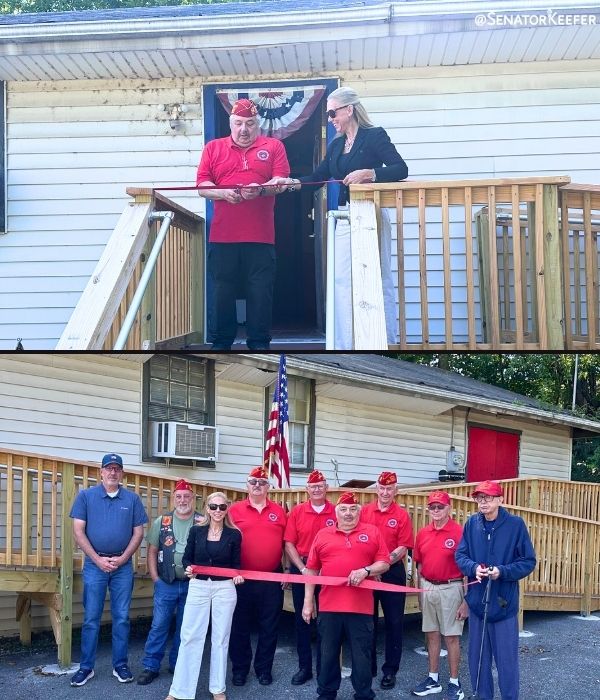 The first photo shows Sen. Dawn Keefer with a representative from the P.W. Milano Marine Corps League cutting the ribbon on the newly built ramp. Second photo shows Sen. Dawn Keefer standing with veterans and members of the P.W. Milano Marine Corps League in front of the ramp.