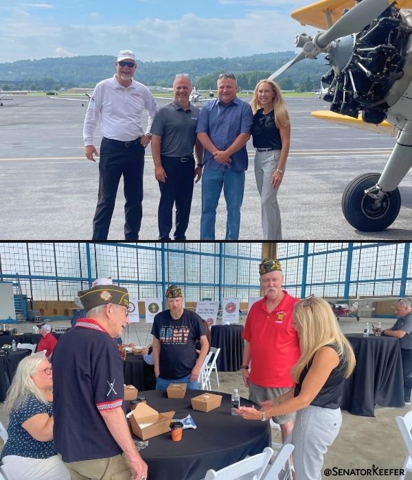 In the first photo, Sen. Dawn Keefer stands with Rep. Marc Anderson and two other individuals on the tarmac near aircraft. In the bottom photo, veterans talk with Sen. Dawn Keefer.
