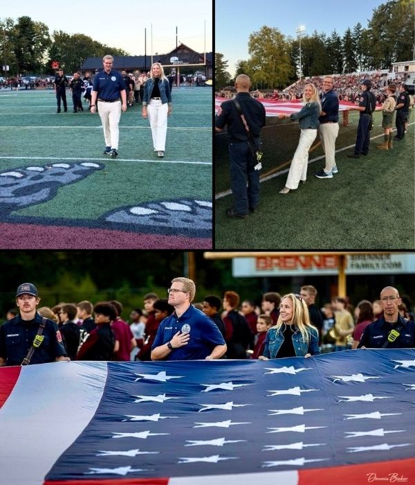 First photo in the upper left corner is of Sen. Dawn Keefer with Rep. Thomas Kutz at the Mechanicsburg Area High School’s Salute to Service football game walking on the field as they are introduced. Second photo in the upper right corner is of Sen. Keefer and Rep. Kutz holding the American flag as it is displayed on the football field. Bottom photo is of Sen. Keefer and Rep. Kutz holding on the edge of the American flag as it is displayed on the football field.