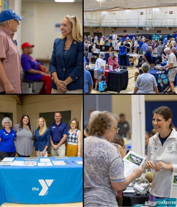 Top left picture is of Sen. Dawn Keefer speaking with a Senior Expo attendee. Top right picture is of West Shore YMCA gymnasium with numerous tables, displays and attendees walking around Sen. Keefer’s Senior Expo. Left bottom picture shows Sen. Keefer and YMCA Staff standing behind a YMCA table at the Senior Expo. Right bottom picture shows a vendor talking with a Senior Expo attendee.