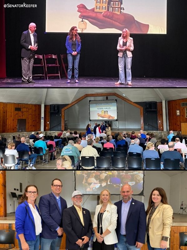 First picture is of Sen. Dawn Keefer with Rep. Wendy Fink and former Rep. Frank Ryan at a School Property Tax Elimination Town Hall. Second picture is of a room full of people attending the School Property Tax Elimination Town Hall. Third picture is of Sen. Dawn Keefer with Reps. Wendy Fink, Eric Davanxo, Bud Cook, Ryan Warner and Chrity Grimm Krupa at a School Property Tax Elimination Town Hall.