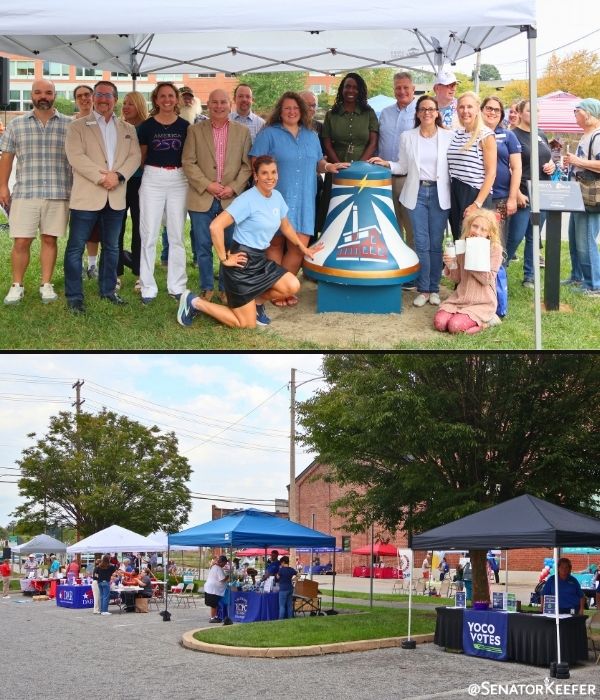 Two photos. The top photo shows a group of people standing under a canopy around a painted decorative bell displayed outdoors, with buildings and grass in the background. The bottom photo shows an outdoor event with multiple canopy tents and tables set up along a street, with people visiting different informational booths.