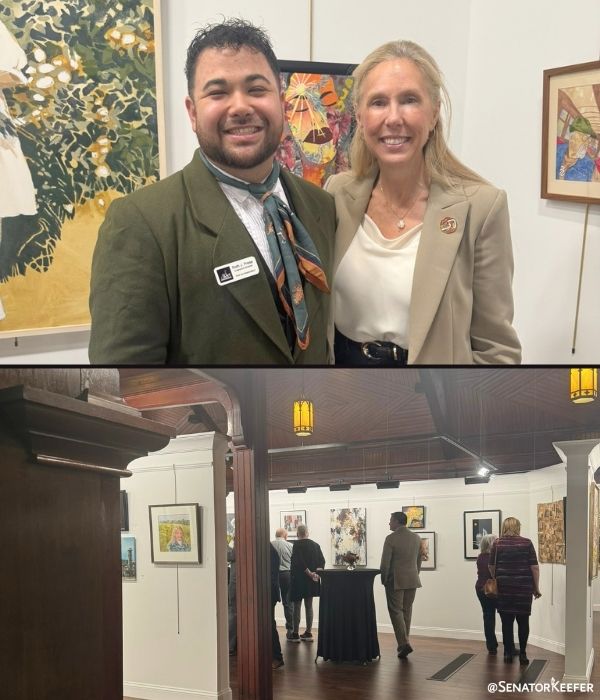 First picture shows Senator Dawn Keefer standing next to York Art Association Executive Director Roth Preap. The second picture several people viewing art in a gallery with wood accents and warm lighting.