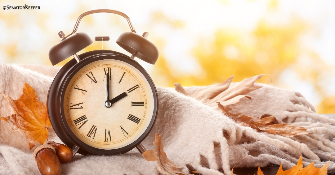 A vintage alarm clock sits on a soft beige blanket surrounded by autumn leaves and acorns.