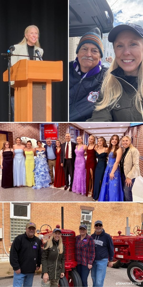 First photo is of Sen. Dawn Keefer speaking at the Dillsburg Farmer’s Fair opening ceremonies. Second photo is of the Senator with Curt Werner, Dillsburg Banner photographer. Third picture is of Congressman Scott Perry, Rep. Marc Anderson, Sen. Dawn Keefer with the Dillsburg Farmers Fair Pageant contestants. Fourth picture is of Rep. Anderson, Sen. Keefer and local residents with their red tractor at the Farmers Fair.