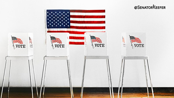 Row of voting booths with the word 'VOTE' and an American flag printed on each panel.