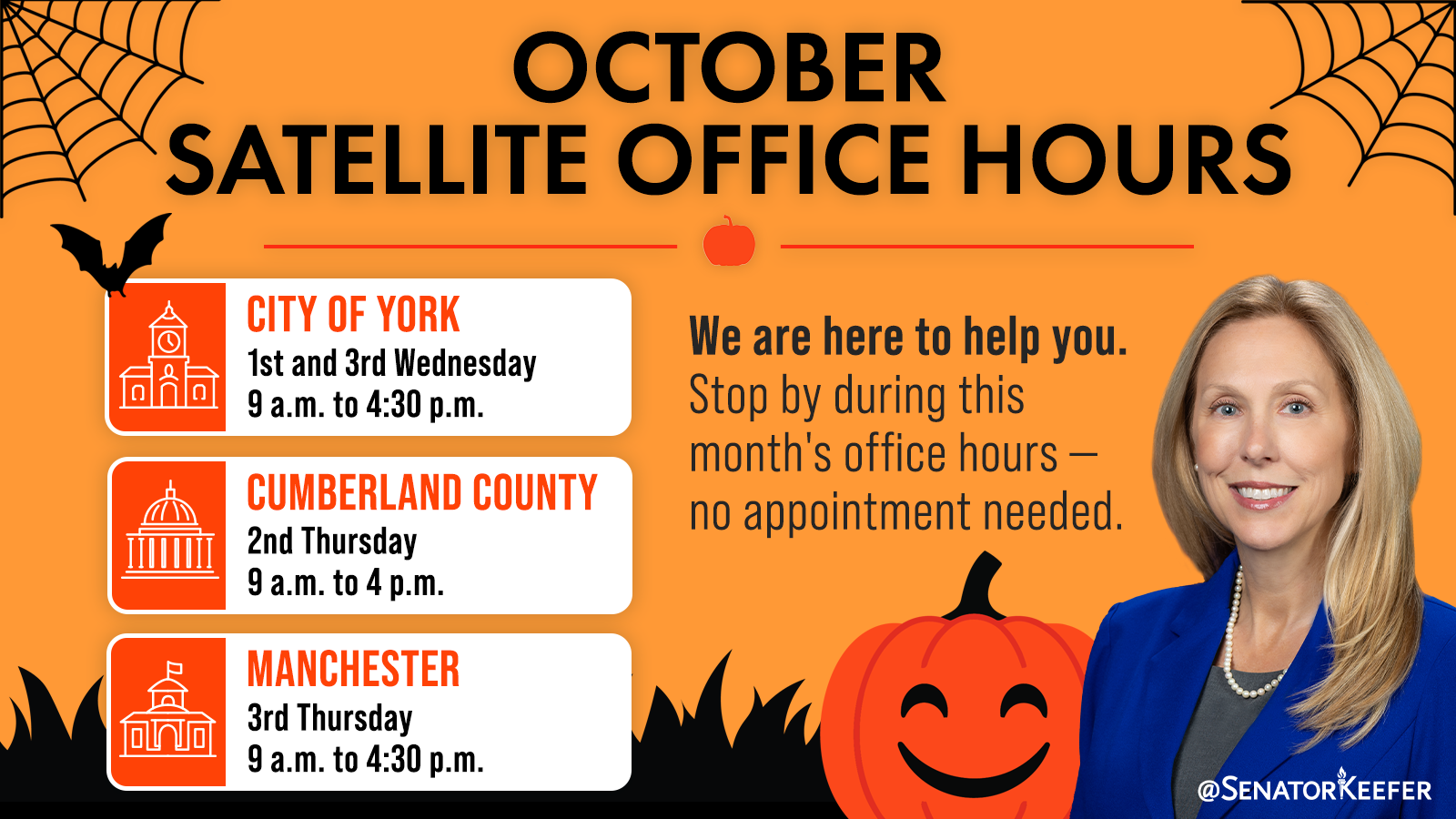 graphic announcing October satellite office hours with three location schedules, Halloween-themed decorations, and Sen. Dawn Keefer’s portrait.