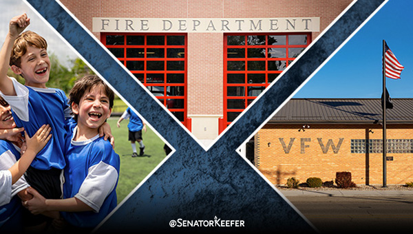 A graphic with three pictures. The top picture shows the front of a fire department building, the left picture shows a child being lifted up by teammates in celebration and the right picture shows a building with the word VFW on it.
