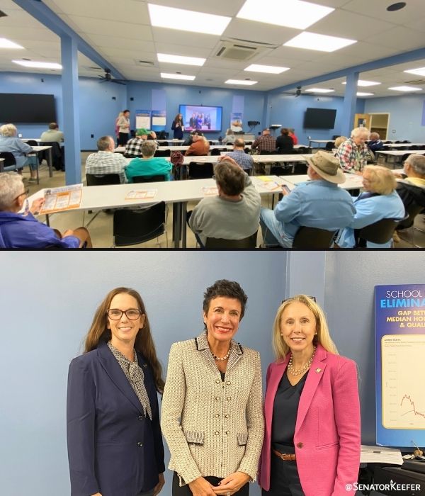 First picture is of attendees at the New Castle School Property Tax Elimination Town Hall. Second picture is of Reps. Marla Brown and Wendy Fink with Senator Dawn Keefer at the town hall.